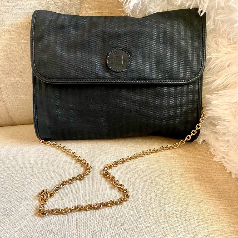 Vintage Fendi Penguin Black Stripe Canvas and Leather Clutch/Crossbody Bag